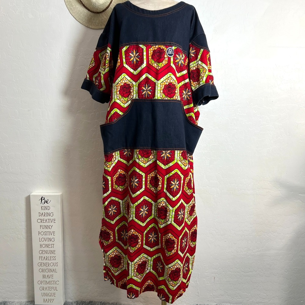 HANDMADE vtg kaftan maxi dress African wax print  rare dead stock pattern denim